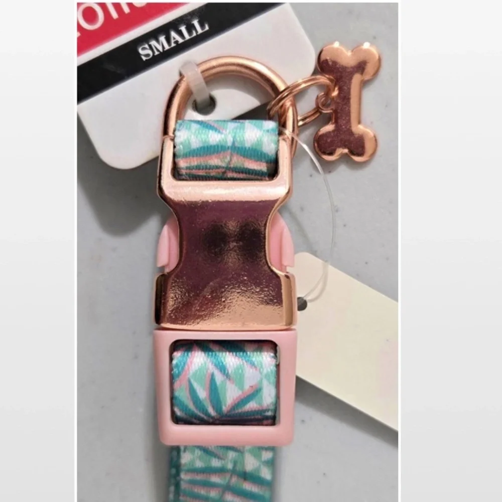 New Dog Collar Small Adjustable Pet Animal Green Tropical Leaves Pink NWT